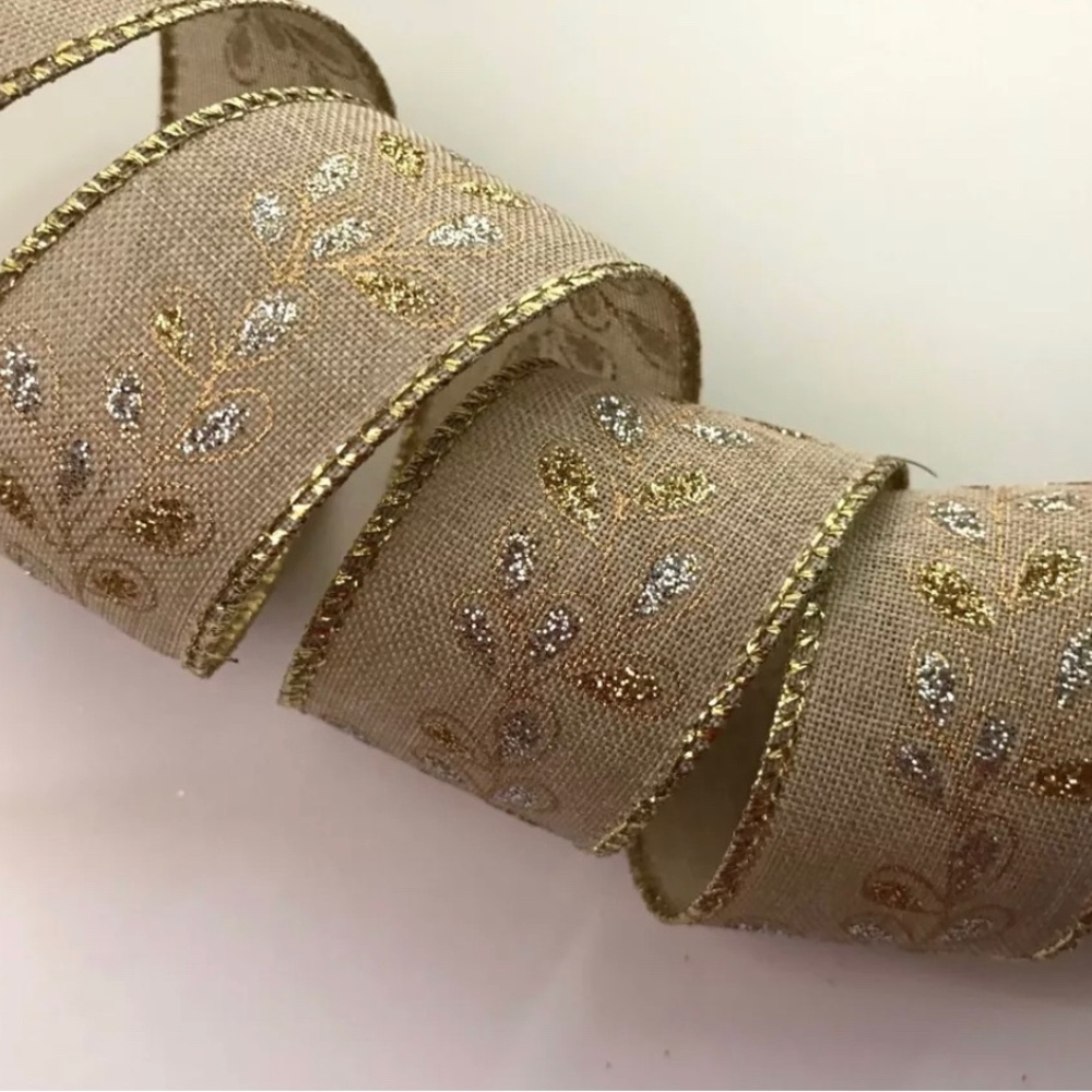 Christmas Ribbon, Hanukkah Ribbon Silver & Gold on Tan GLITTERED 1.5” Wired Edge